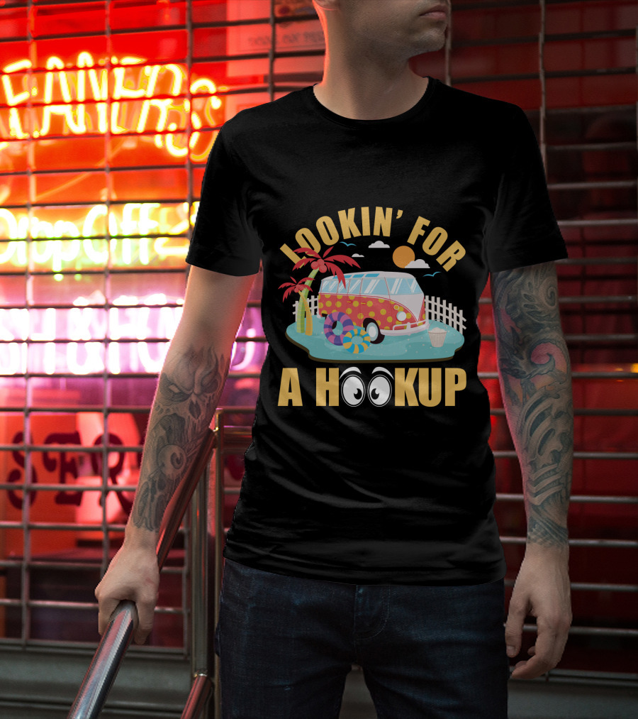 Lookin' For A Hookup Camper Van Beach Scene With Palm Tree And Sun T-Shirt