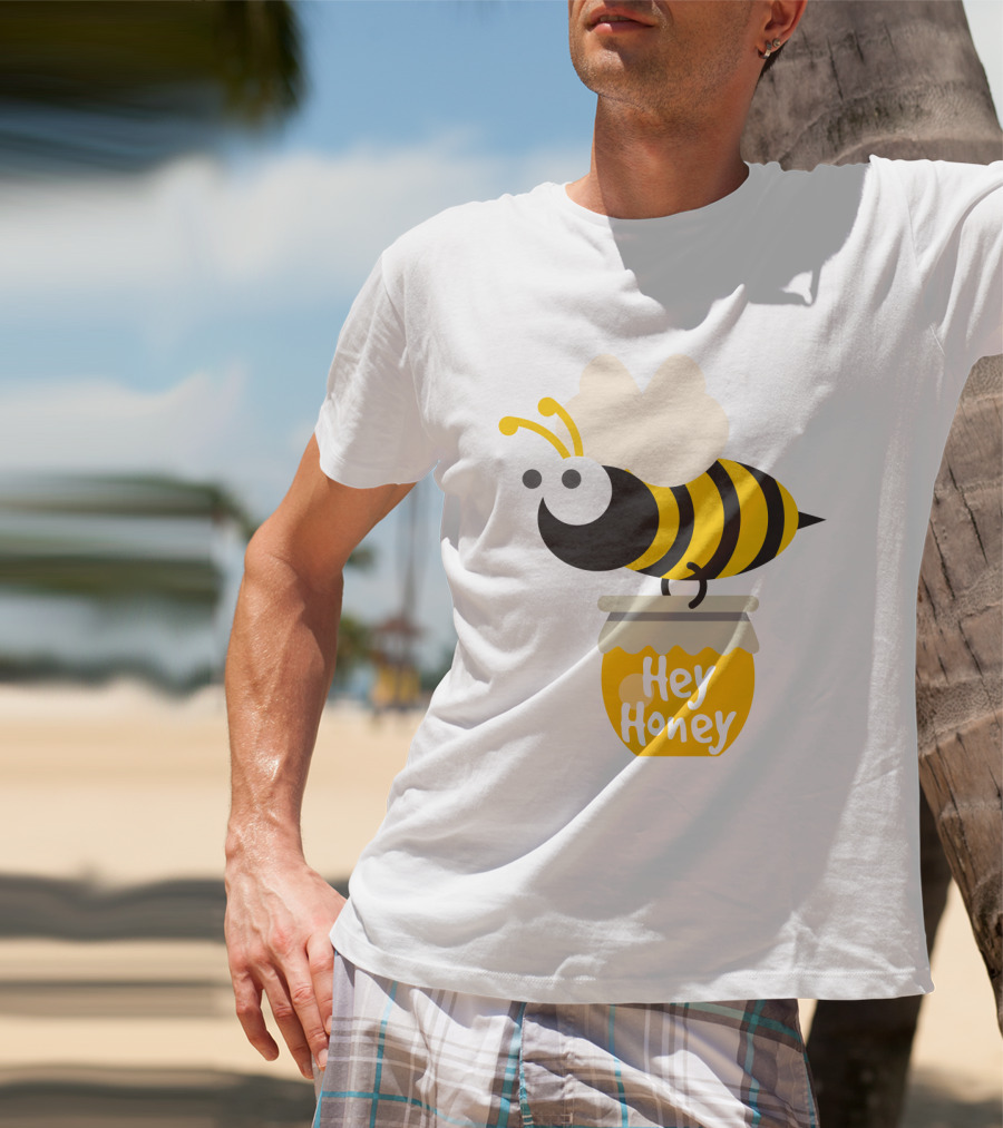 Hey Honey Fun Bee Yellow Striped Cartoon Bee On Honey Jar T-Shirt
