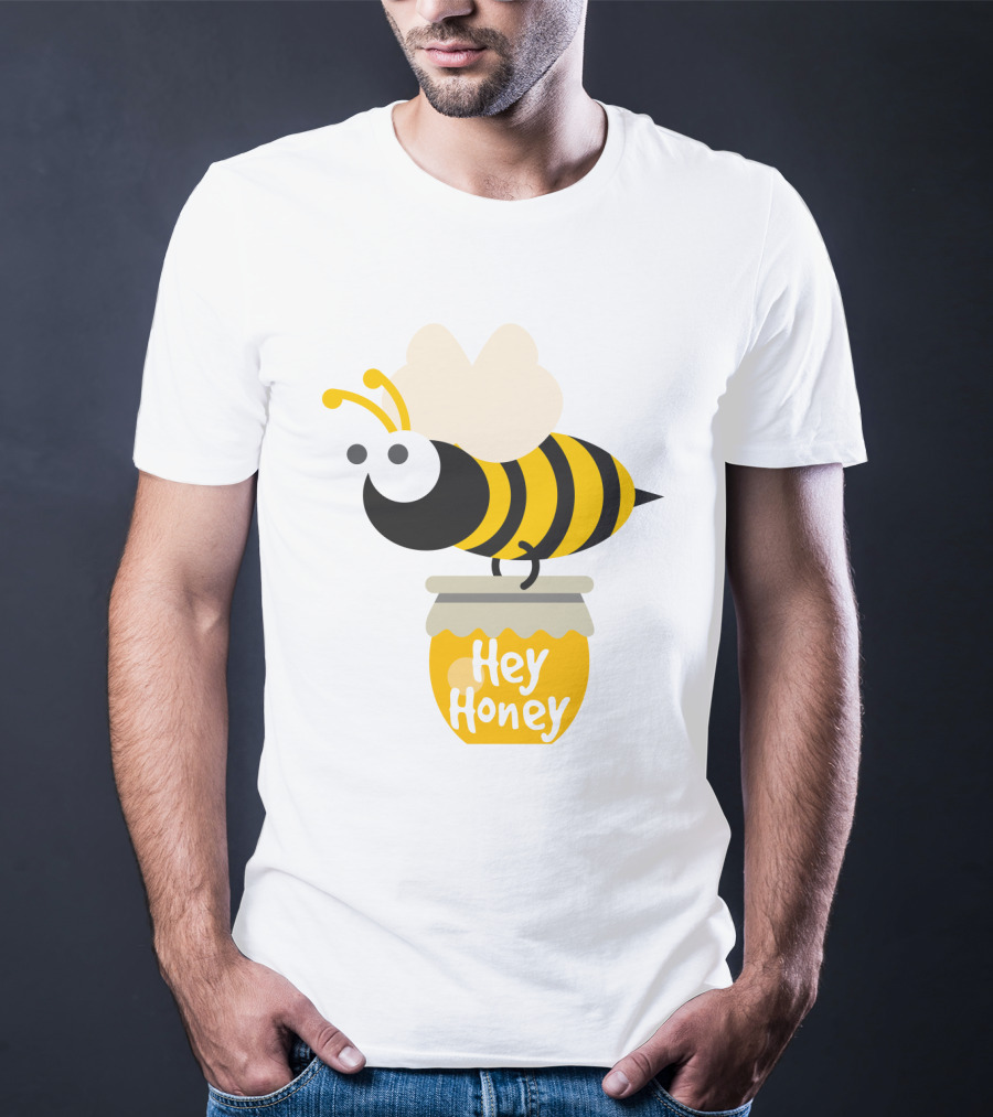 Hey Honey Fun Bee Yellow Striped Cartoon Bee On Honey Jar T-Shirt