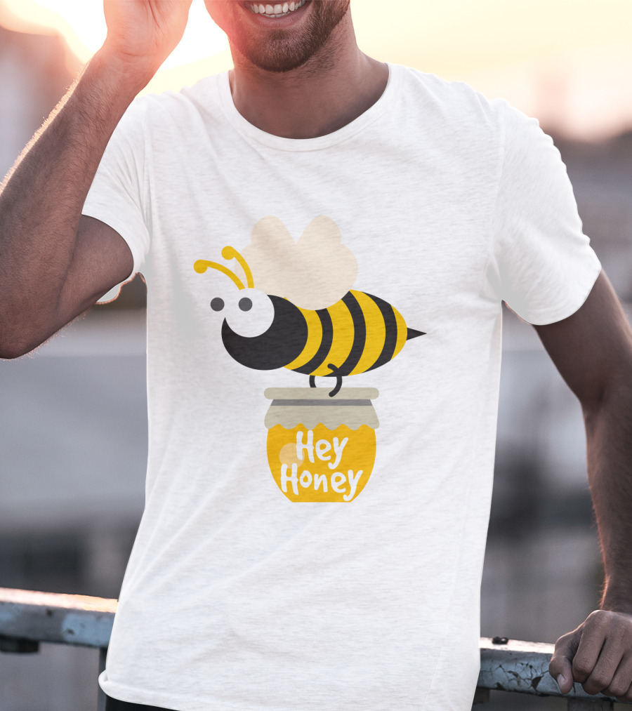 Hey Honey Fun Bee Yellow Striped Cartoon Bee On Honey Jar T-Shirt