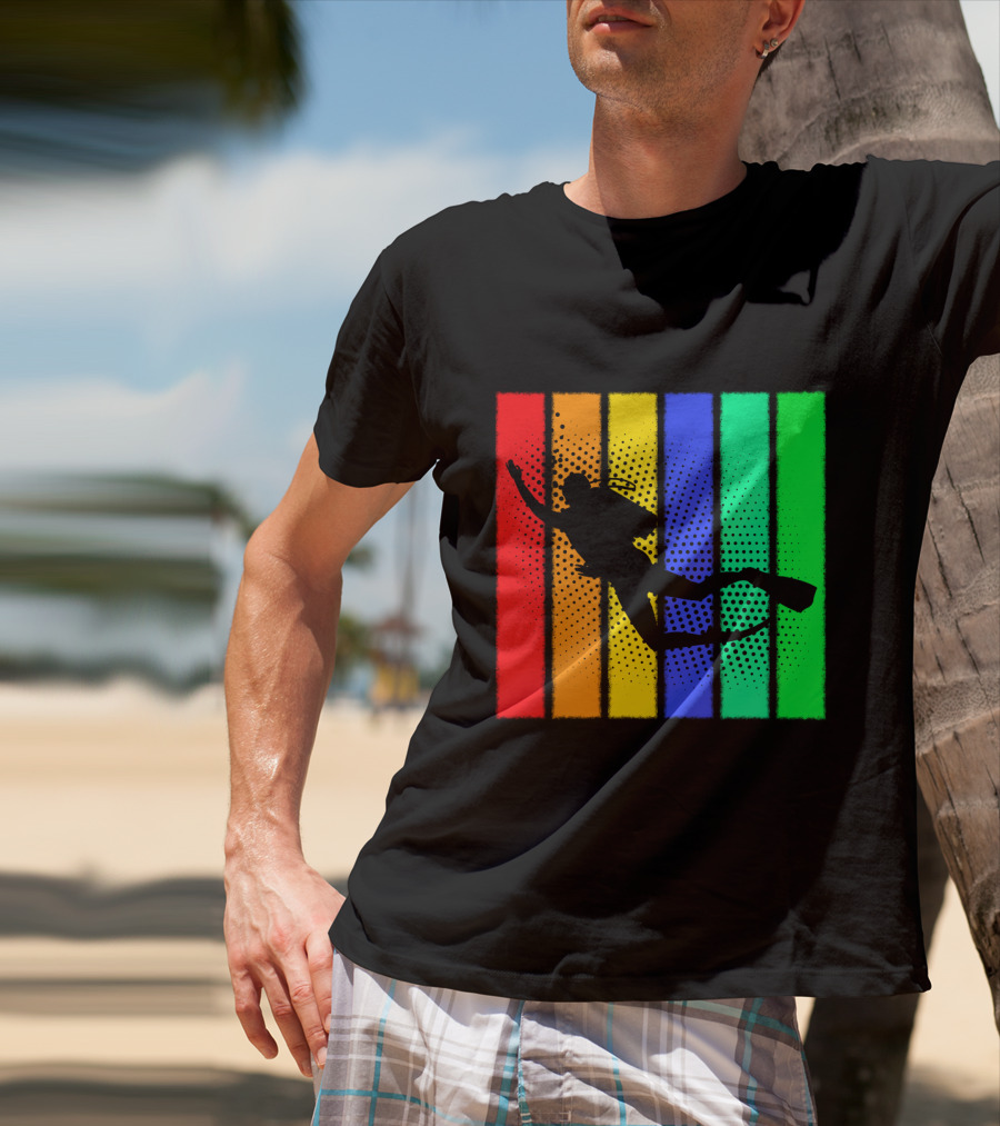 Retro Snorkeling Diver Silhouette Rainbow Stripes T-Shirt