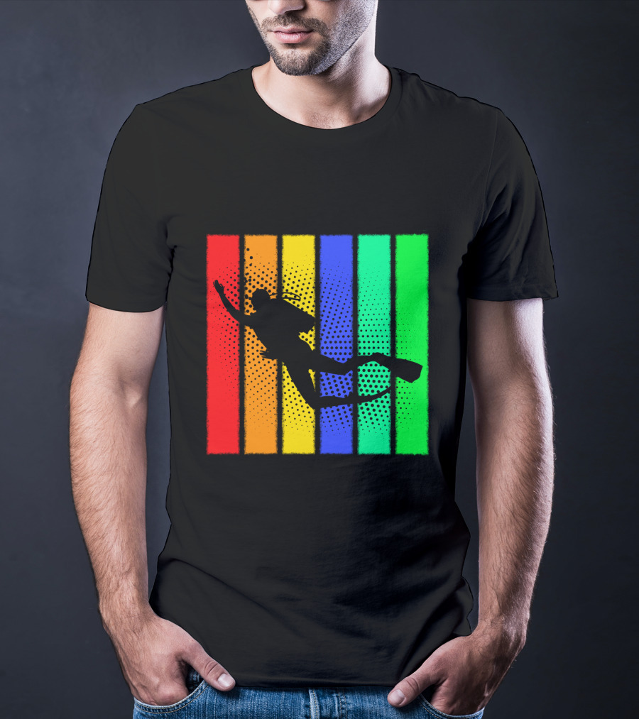 Retro Snorkeling Diver Silhouette Rainbow Stripes T-Shirt