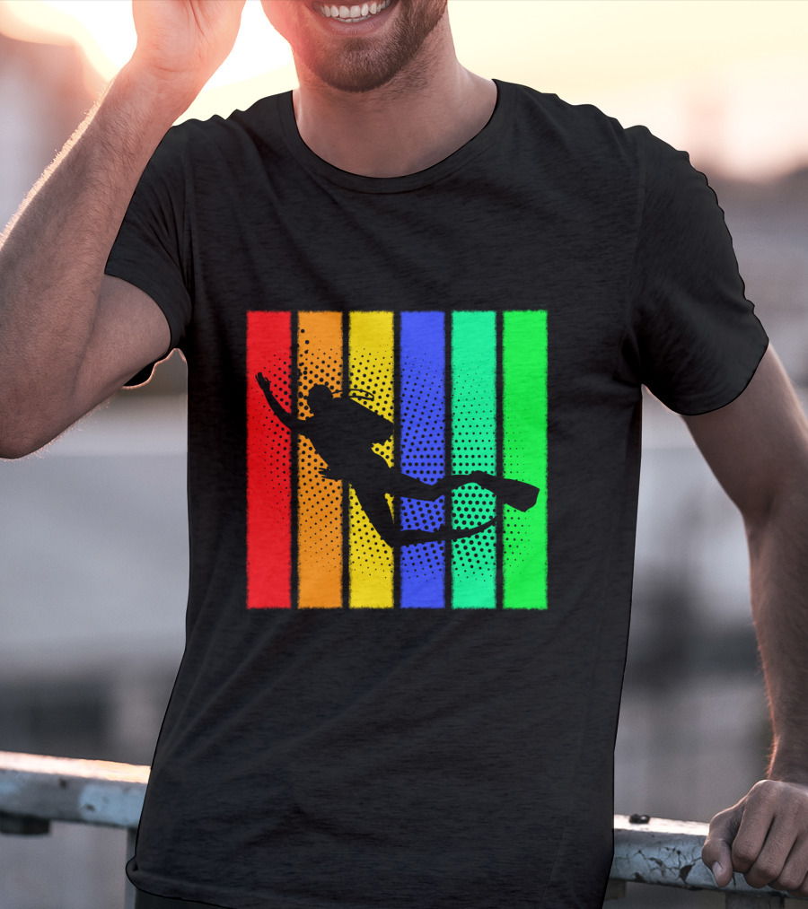 Retro Snorkeling Diver Silhouette Rainbow Stripes T-Shirt