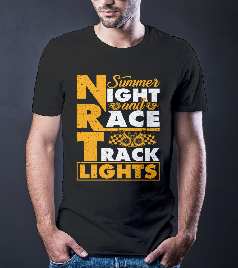 Summer Night And Race Track Lights With Engine And Checkered Flags T-Shirt