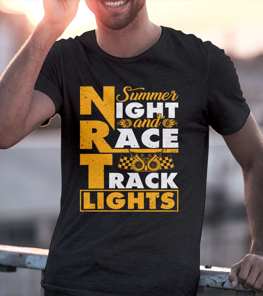 Summer Night And Race Track Lights With Engine And Checkered Flags T-Shirt