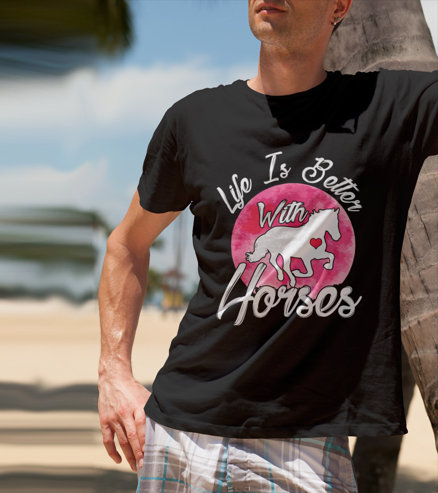 Life Is Better With Horses White Silhouette And Pink Watercolor Circle T-Shirt