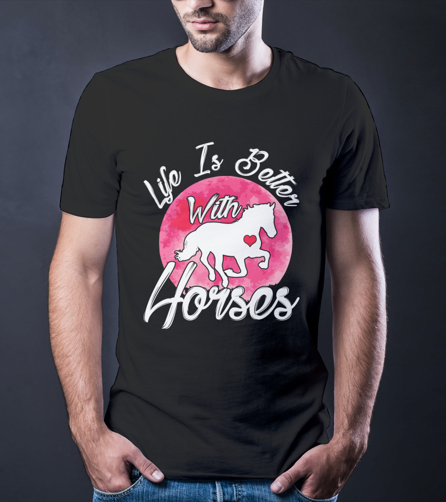 Life Is Better With Horses White Silhouette And Pink Watercolor Circle T-Shirt