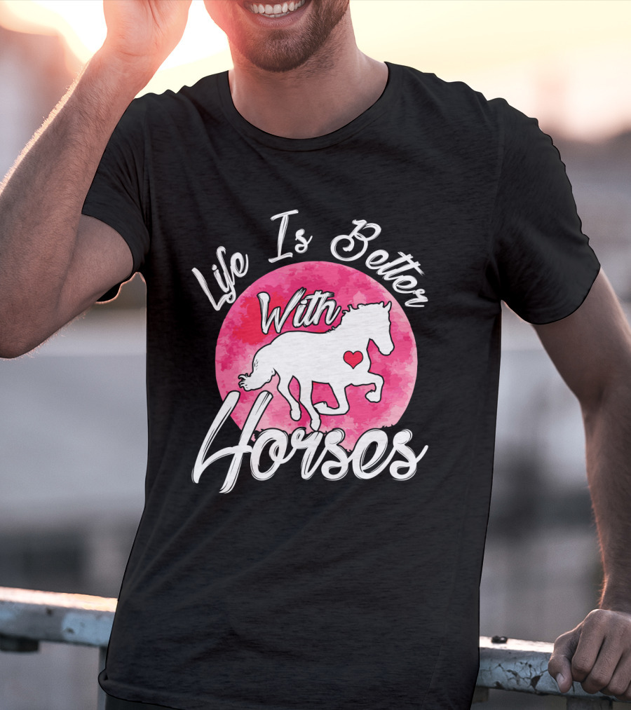 Life Is Better With Horses White Silhouette And Pink Watercolor Circle T-Shirt