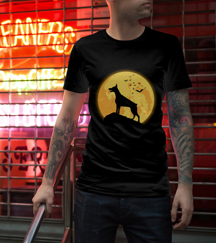 DOBERMAN Dog Silhouette Against Orange Moon Night Scene T-Shirt