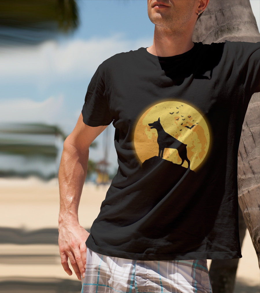 DOBERMAN Dog Silhouette Against Orange Moon Night Scene T-Shirt