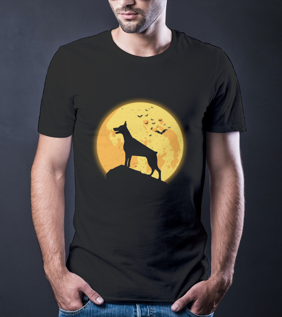 DOBERMAN Dog Silhouette Against Orange Moon Night Scene T-Shirt