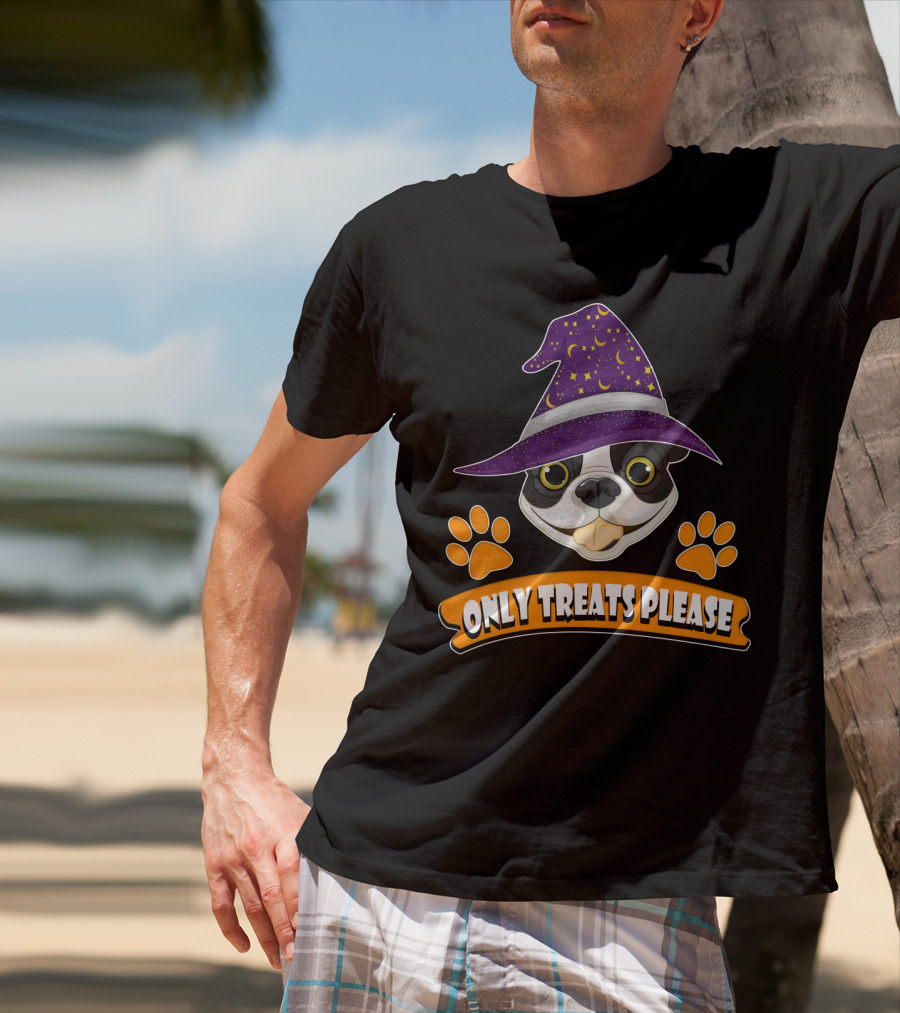 Boston Terrier Only Treats Please Wizard Hat And Paw Prints T-Shirt