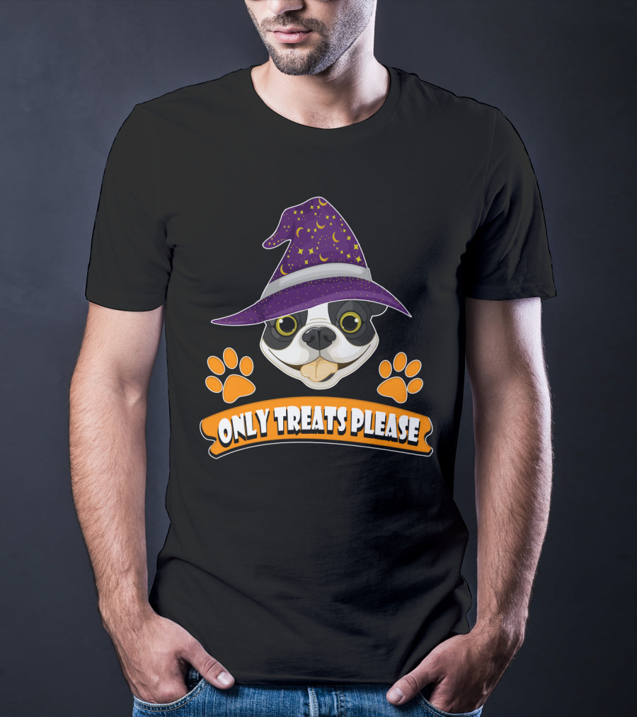 Boston Terrier Only Treats Please Wizard Hat And Paw Prints T-Shirt