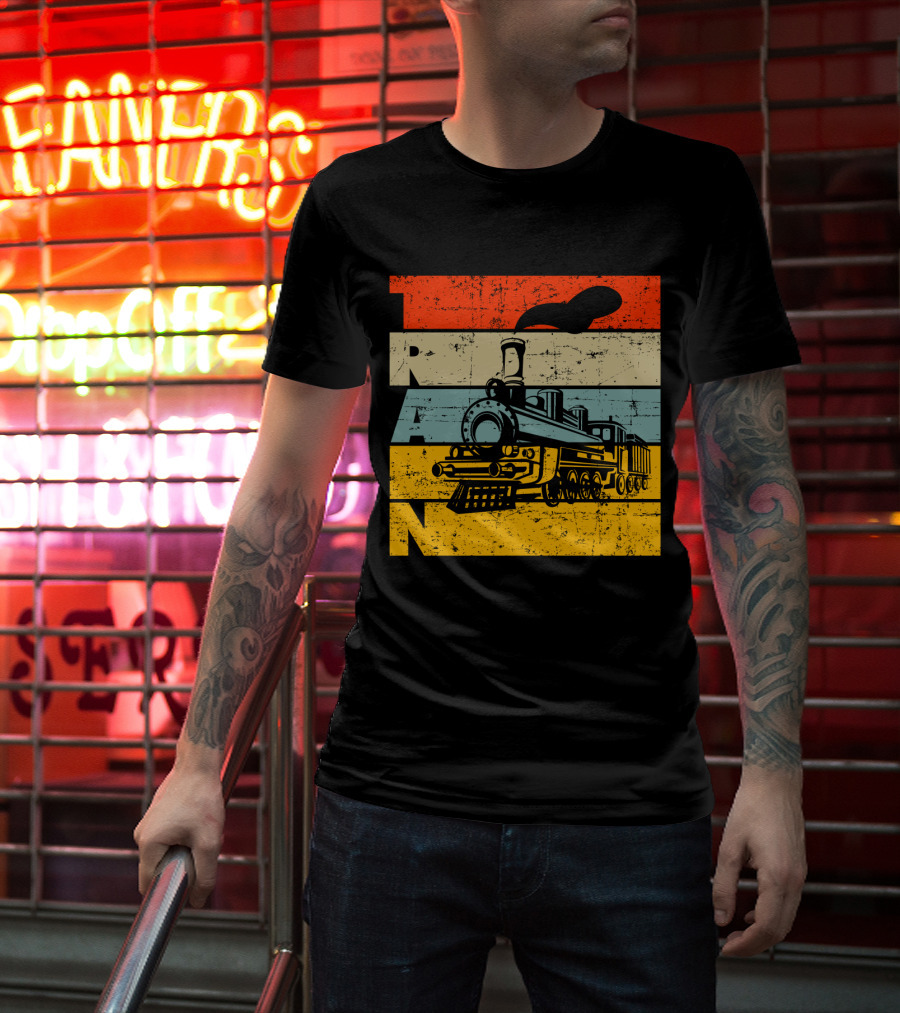 Vintage Train Retro Steam Locomotive Stripes T-Shirt