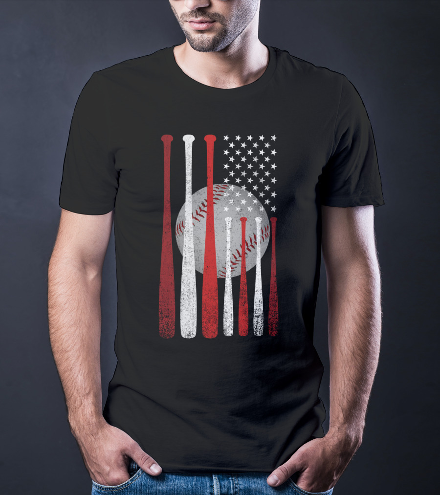 Vintage American Flag Baseball Bats And Ball Stars T-Shirt