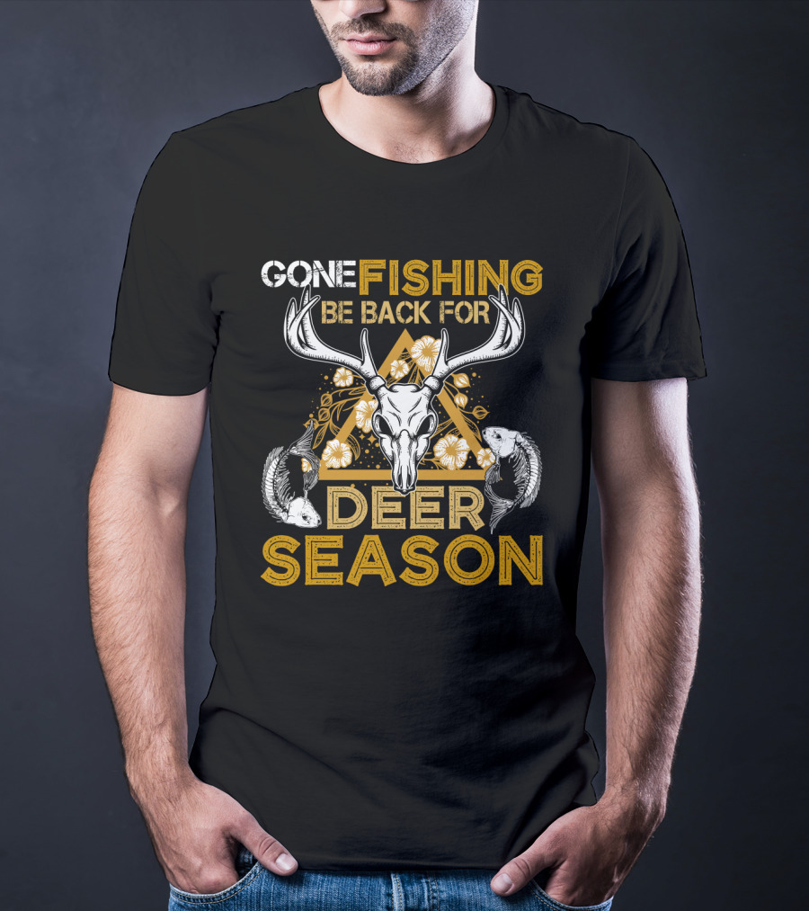 Gone Fishing Be Back For Deer Season Antler Skull Fish Floral Triangle T-Shirt