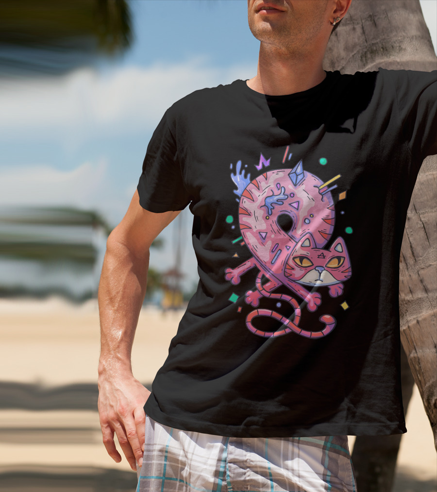 Pink Donut Cat Twisted Into Loop With Colorful Elements T-Shirt