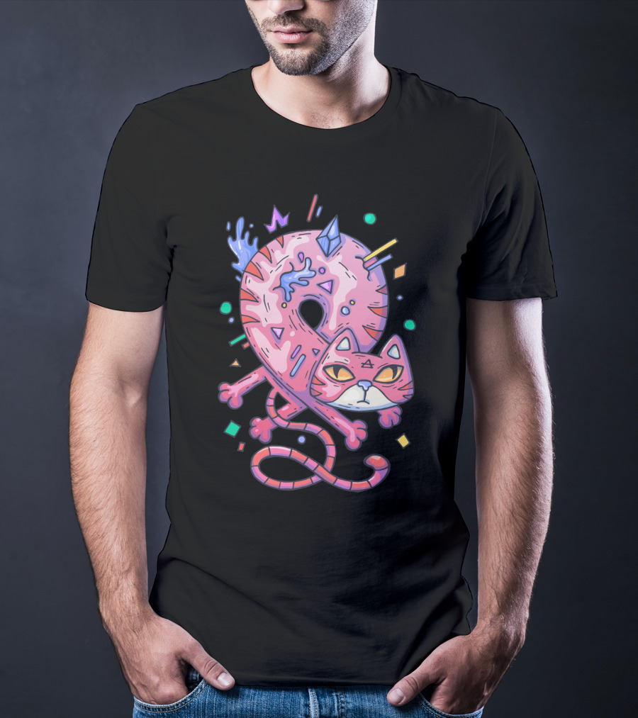 Pink Donut Cat Twisted Into Loop With Colorful Elements T-Shirt
