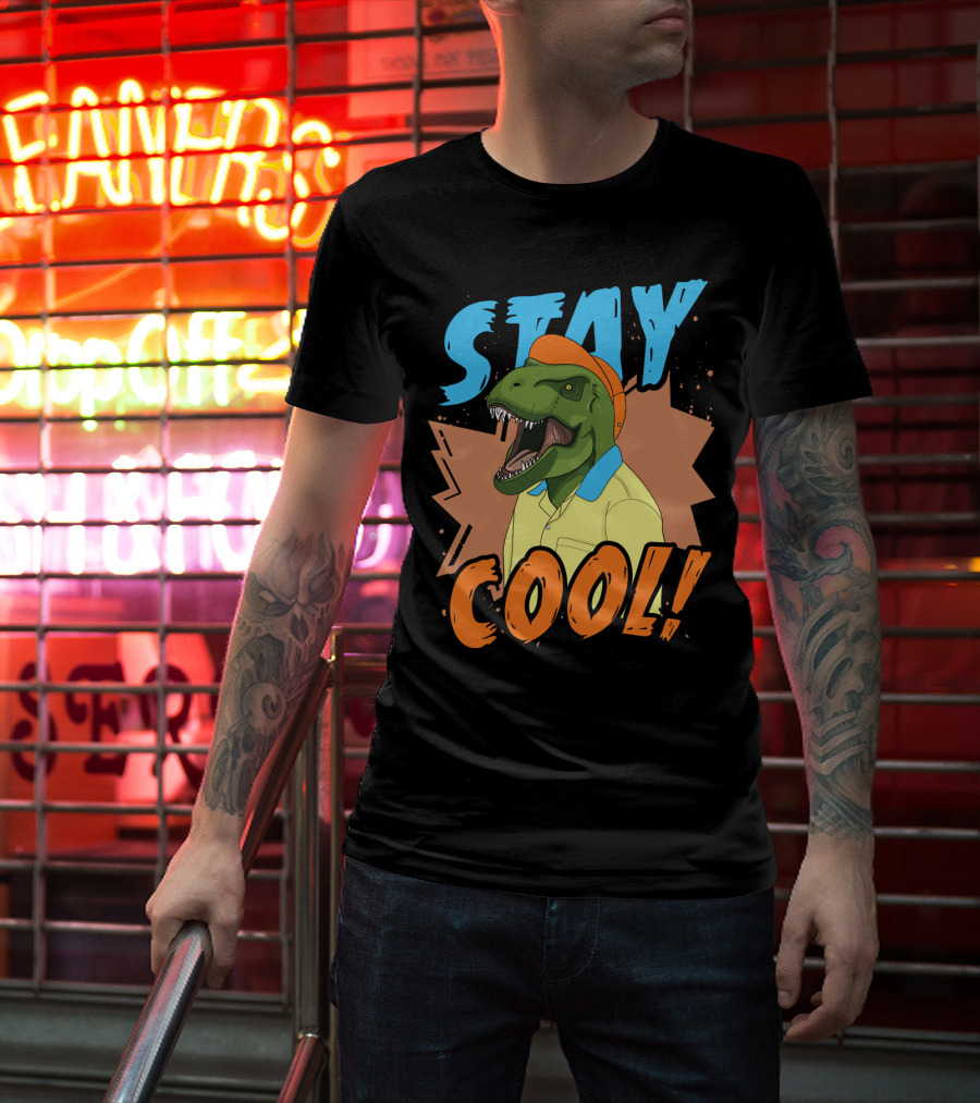 STAY COOL Dinosaur Wearing Bright Shirt And Cap T-Shirt