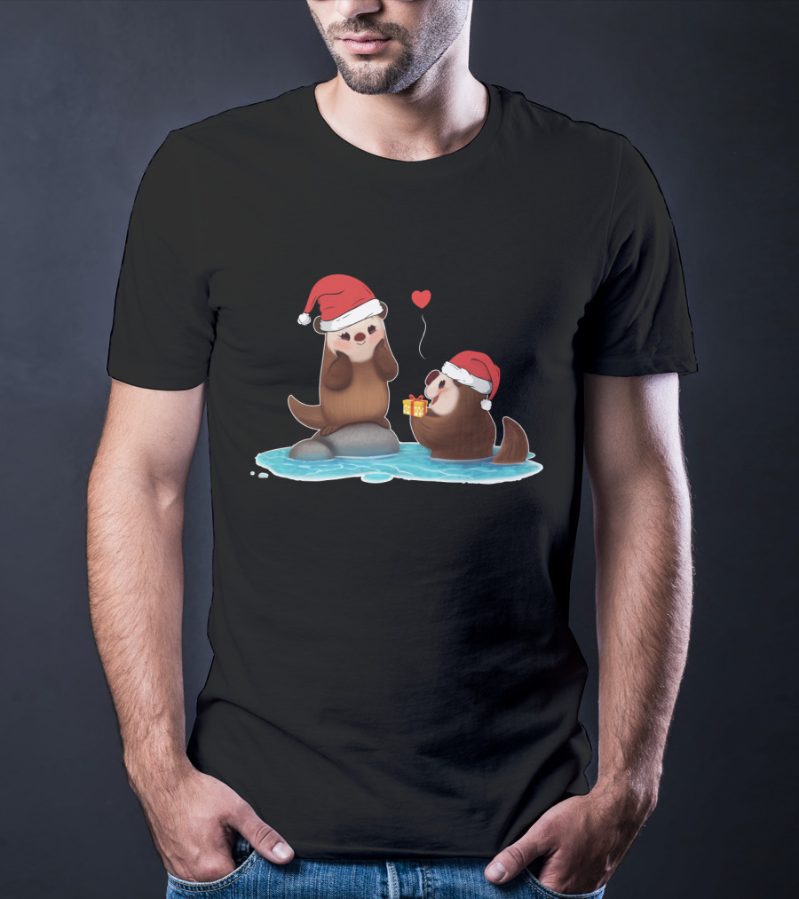 Cute Otter Santa With Gift And Heart On Ice T-Shirt