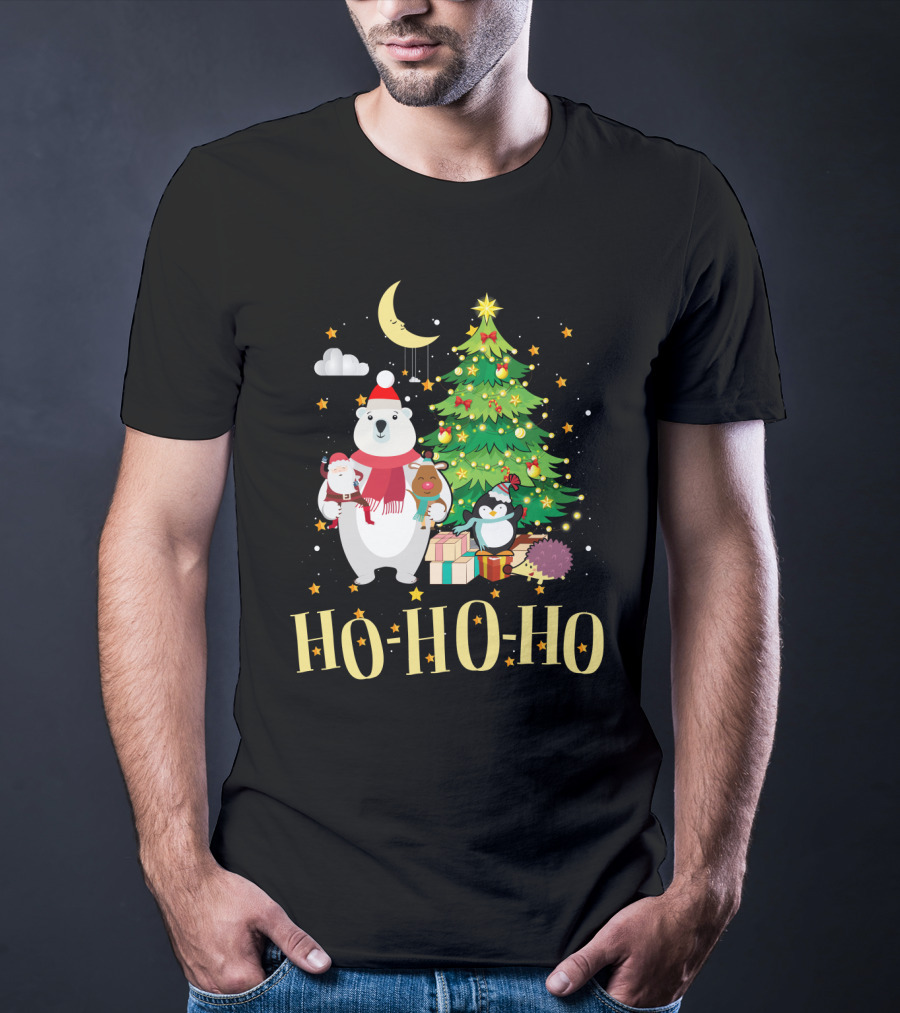 HO HO HO Christmas Dreams Polar Bear Santa Penguin Tree T-Shirt