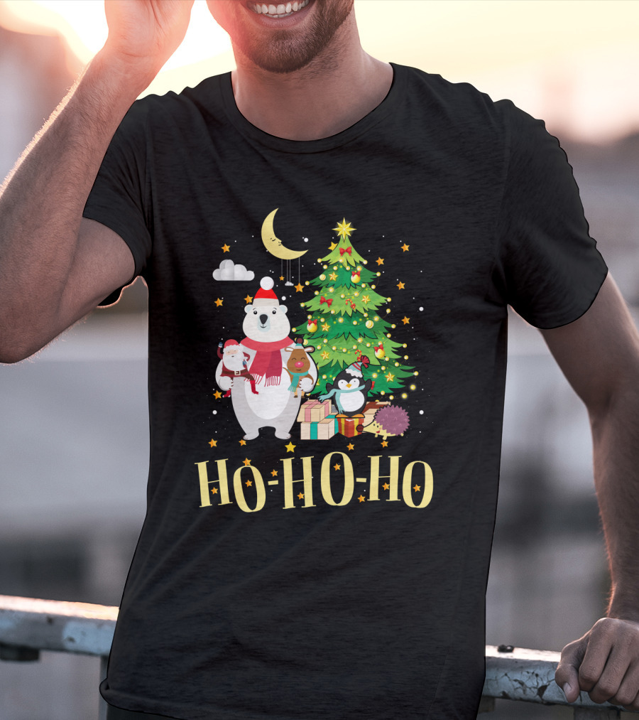 HO HO HO Christmas Dreams Polar Bear Santa Penguin Tree T-Shirt