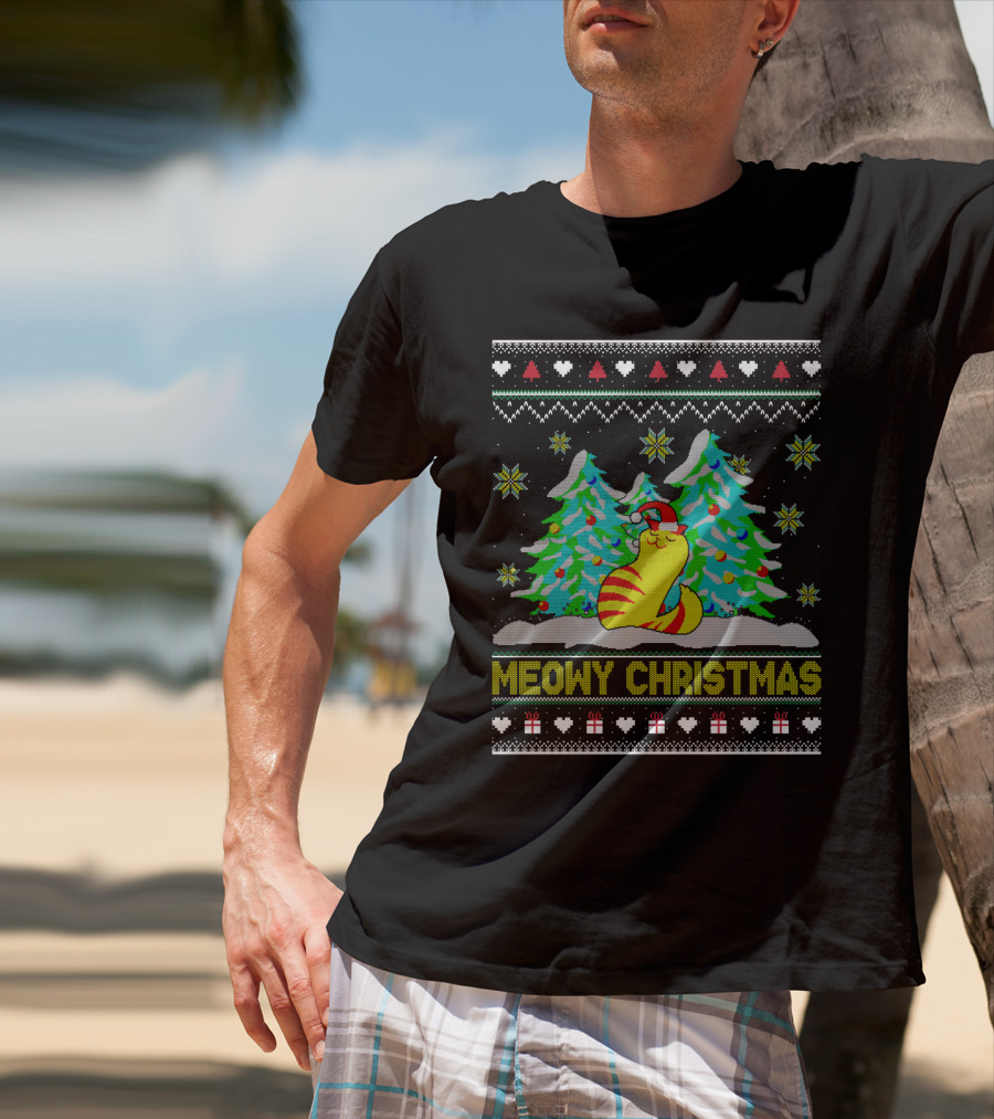 Meowy Christmas Cat Lover Ugly Christmas T-Shirt