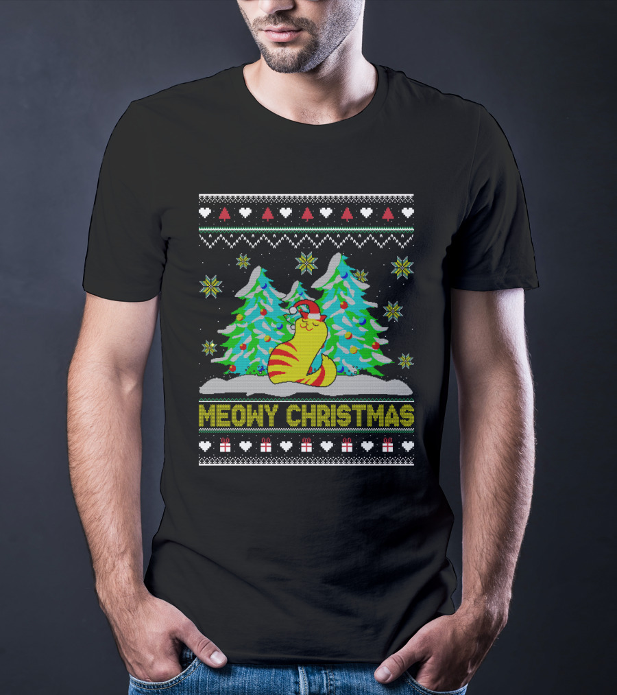Meowy Christmas Cat Lover Ugly Christmas T-Shirt