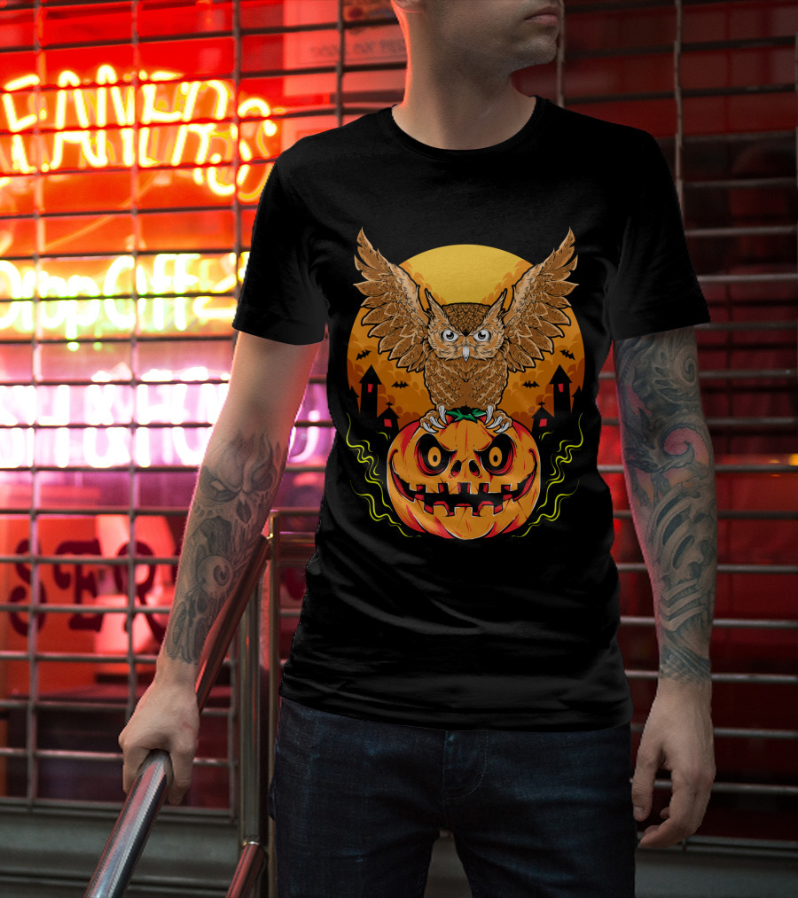 Owl Perched On Halloween Pumpkin With Haunted Houses And Bats T-Shirt