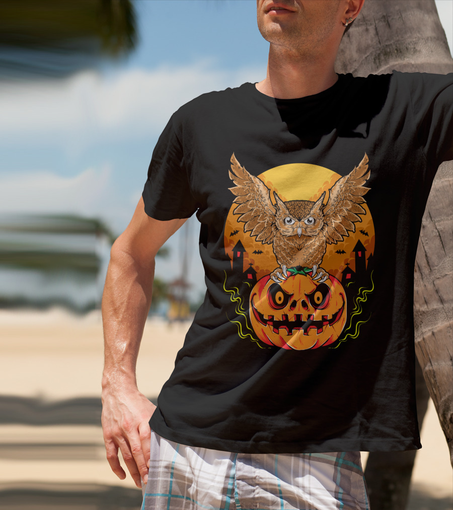 Owl Perched On Halloween Pumpkin With Haunted Houses And Bats T-Shirt