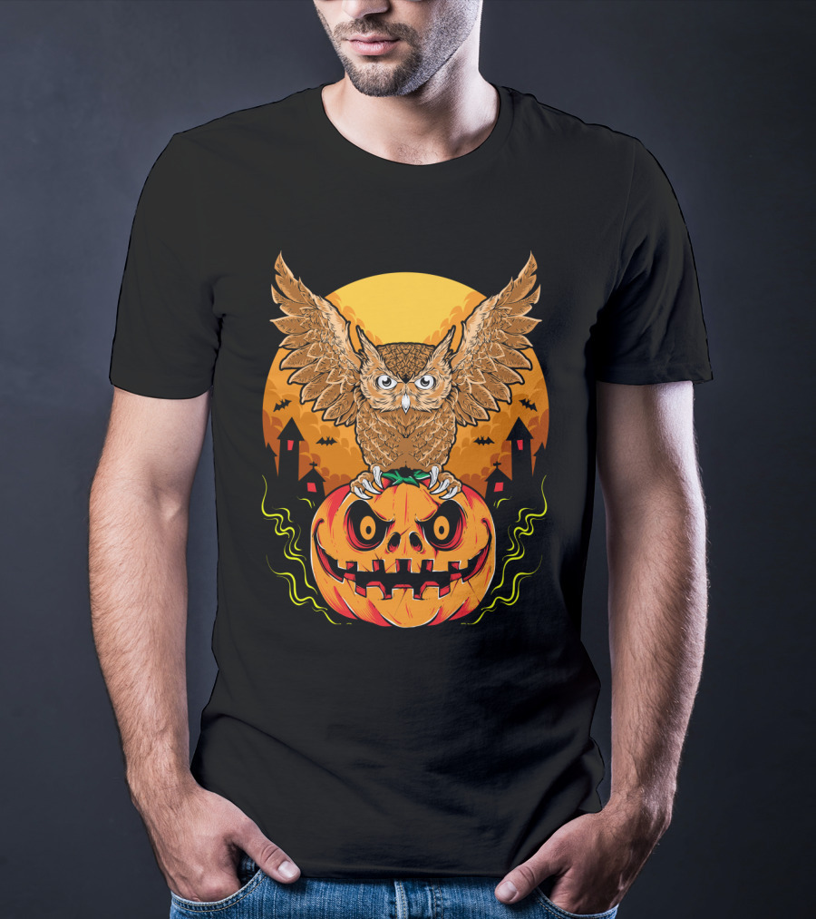Owl Perched On Halloween Pumpkin With Haunted Houses And Bats T-Shirt