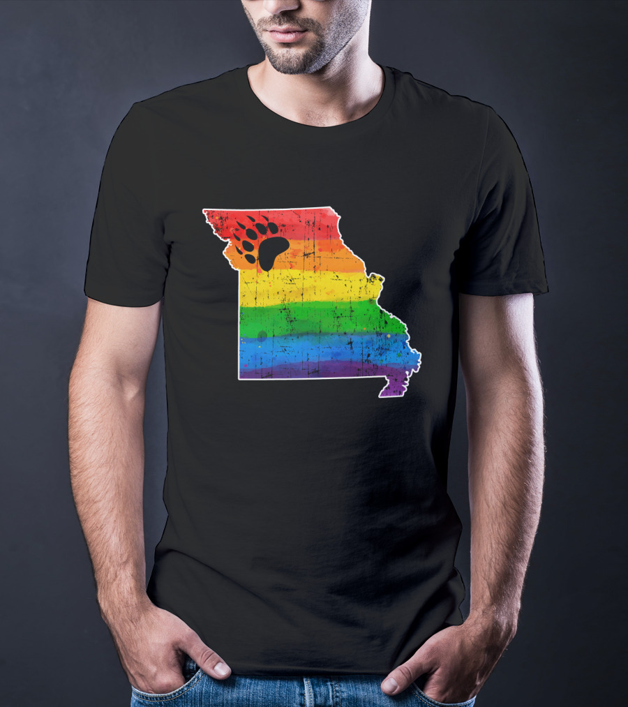 Missouri State Shape With Rainbow Bear Paw Pride Flag T-Shirt