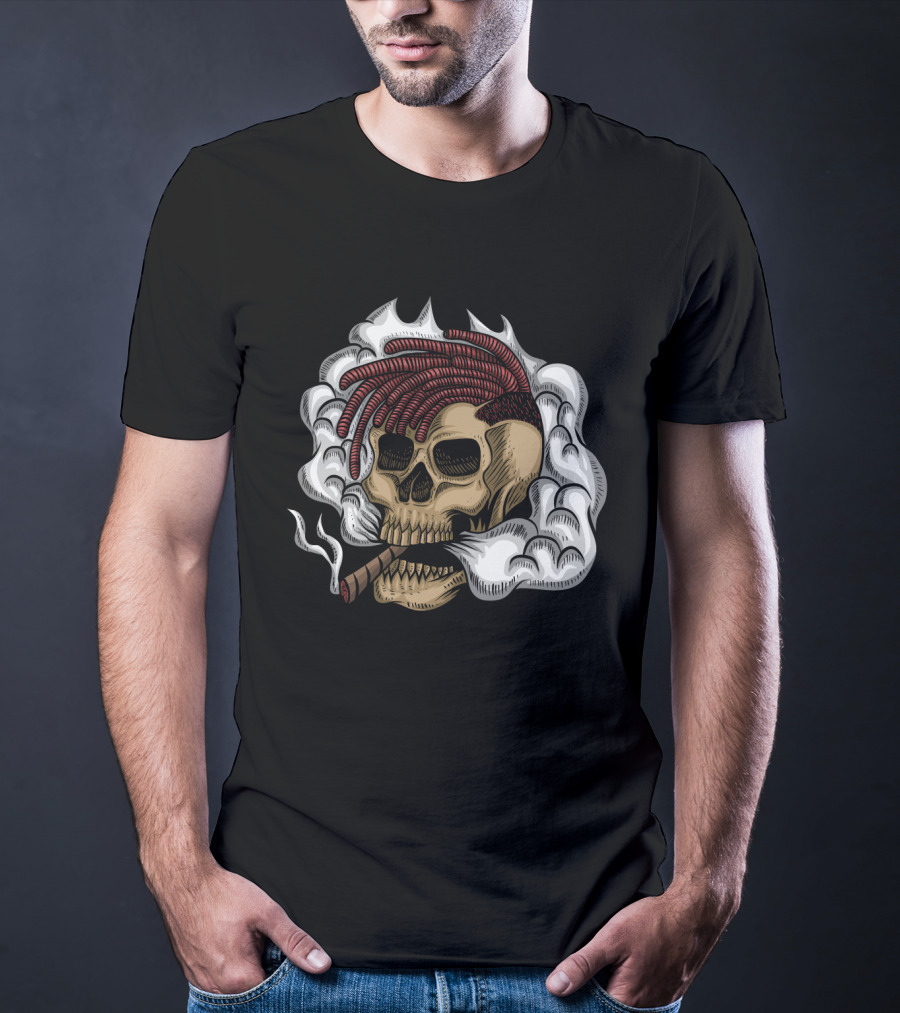 Skull Smoke Cigar With Red Braided Hair And White Smoke Plumes T-Shirt