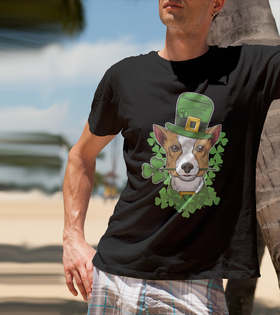 St Patrick Day Corgi With Shamrock And Leprechaun Hat T-Shirt