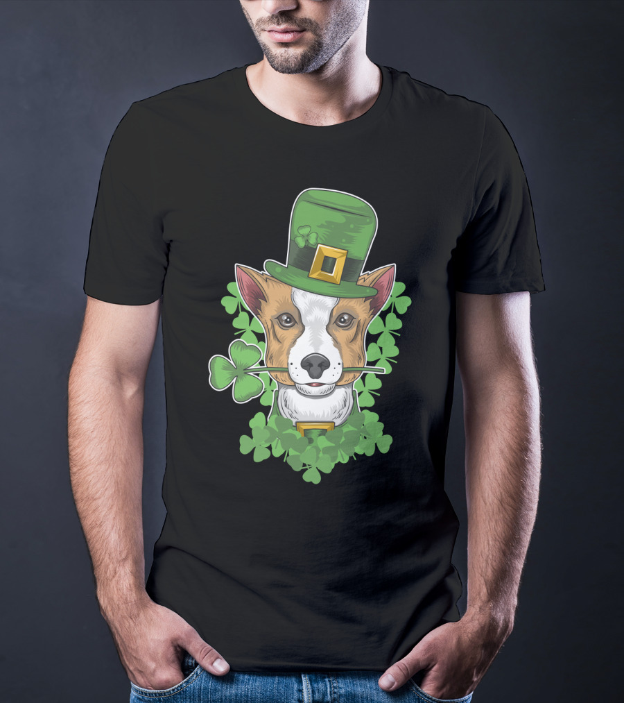 St Patrick Day Corgi With Shamrock And Leprechaun Hat T-Shirt