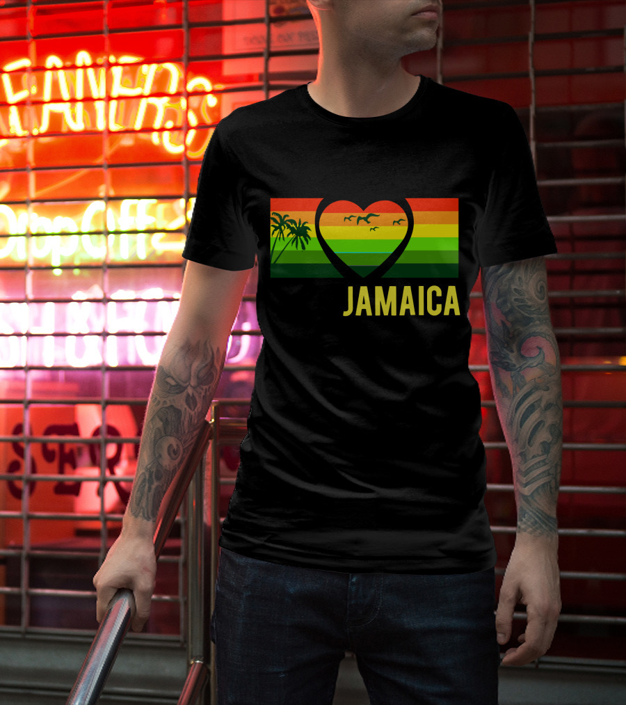 Jamaica Heart Rasta Reggae Sunset With Palm Trees And Birds T-Shirt