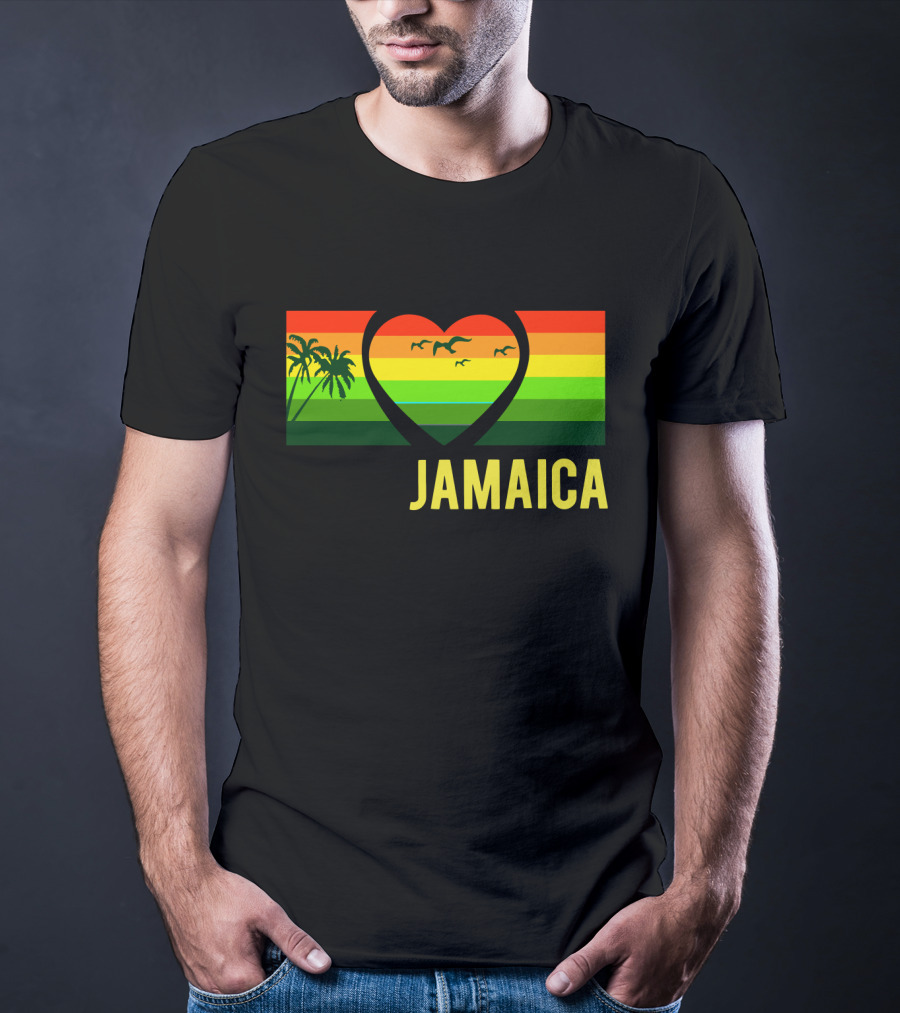Jamaica Heart Rasta Reggae Sunset With Palm Trees And Birds T-Shirt