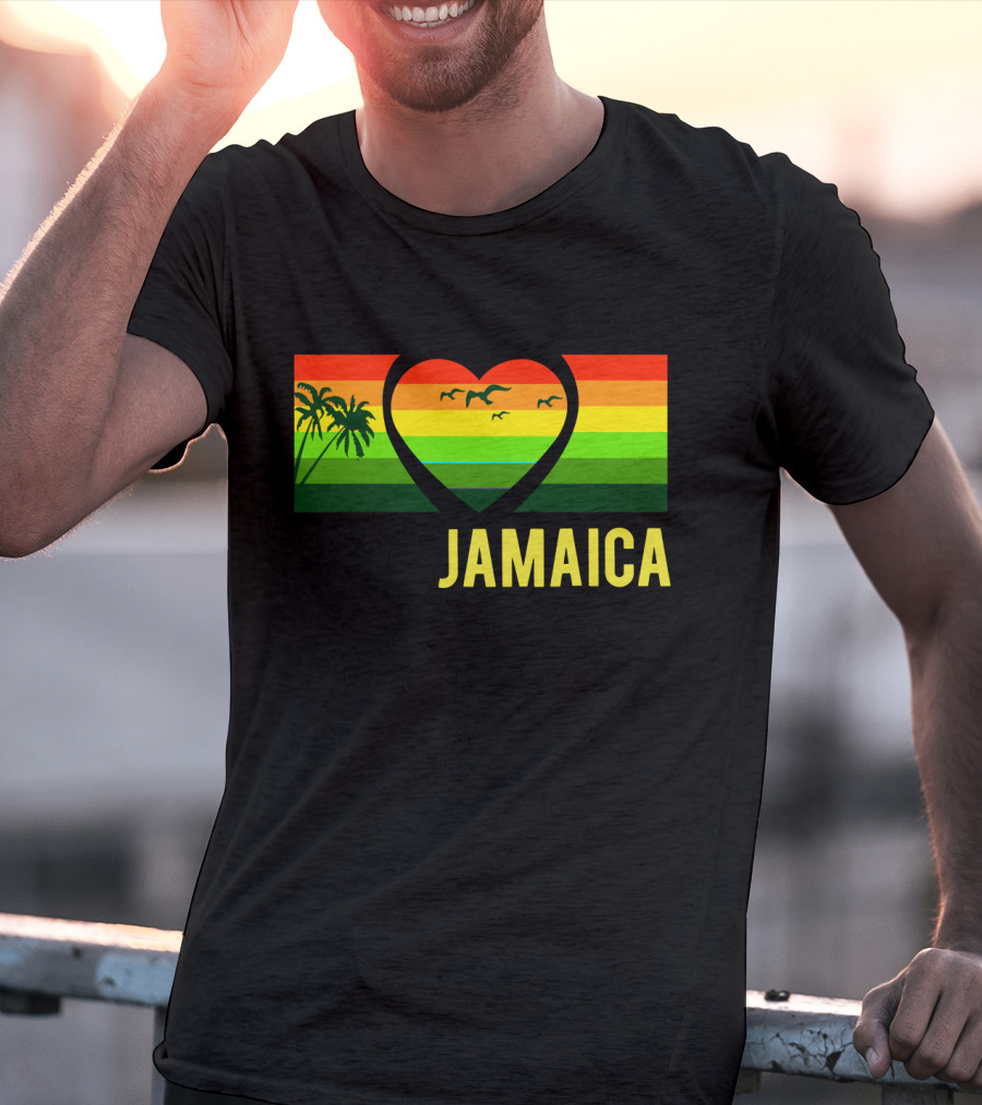 Jamaica Heart Rasta Reggae Sunset With Palm Trees And Birds T-Shirt