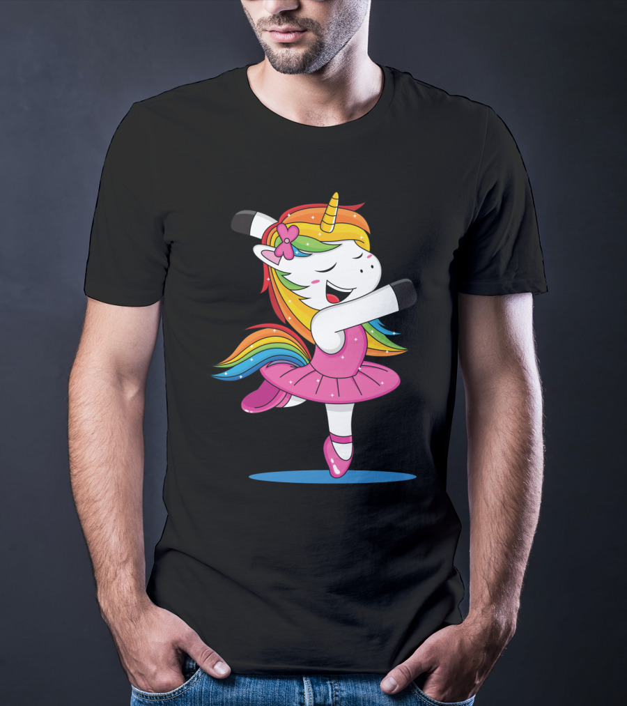 Unicorn Ballet Rainbow Dancer With Pink Tutu And Flower Bow T-Shirt