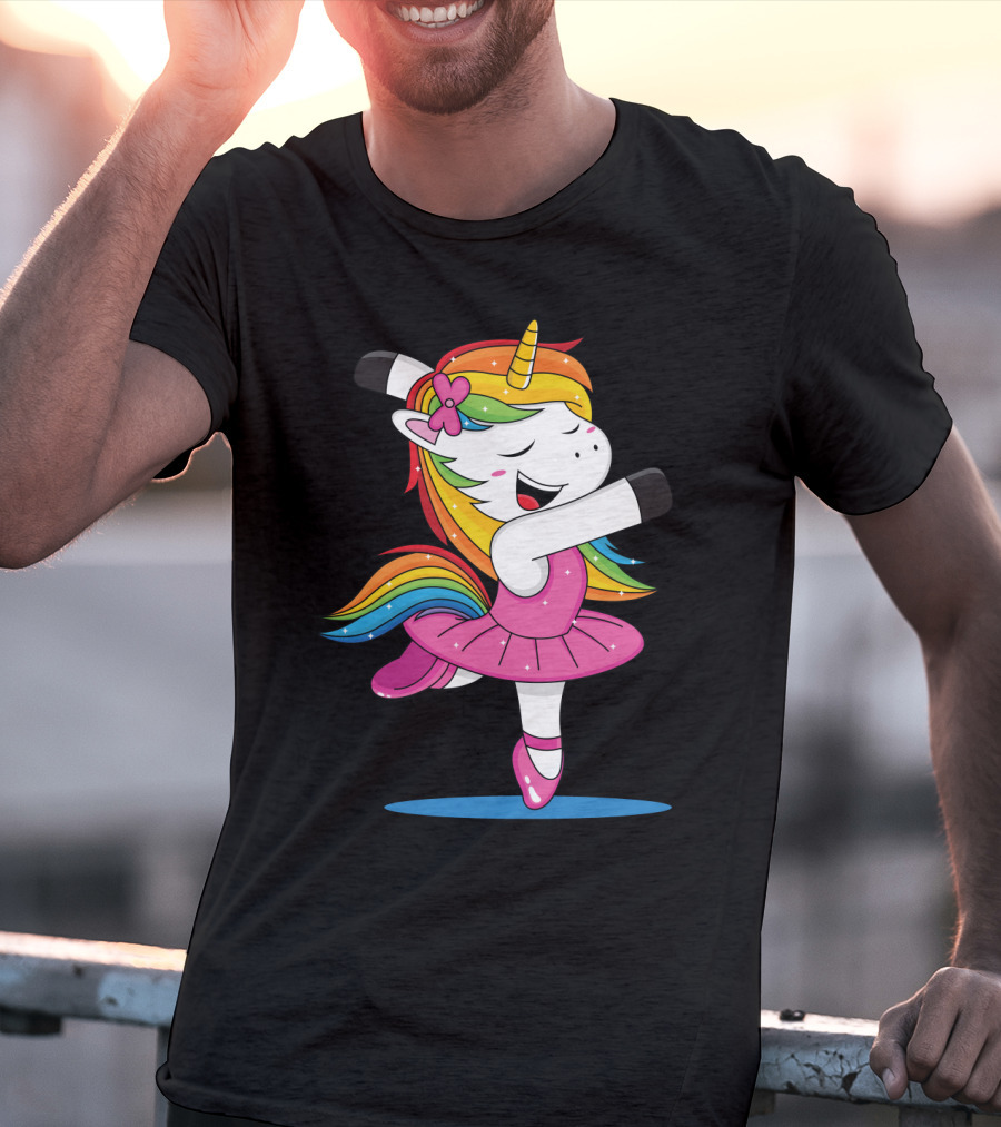 Unicorn Ballet Rainbow Dancer With Pink Tutu And Flower Bow T-Shirt