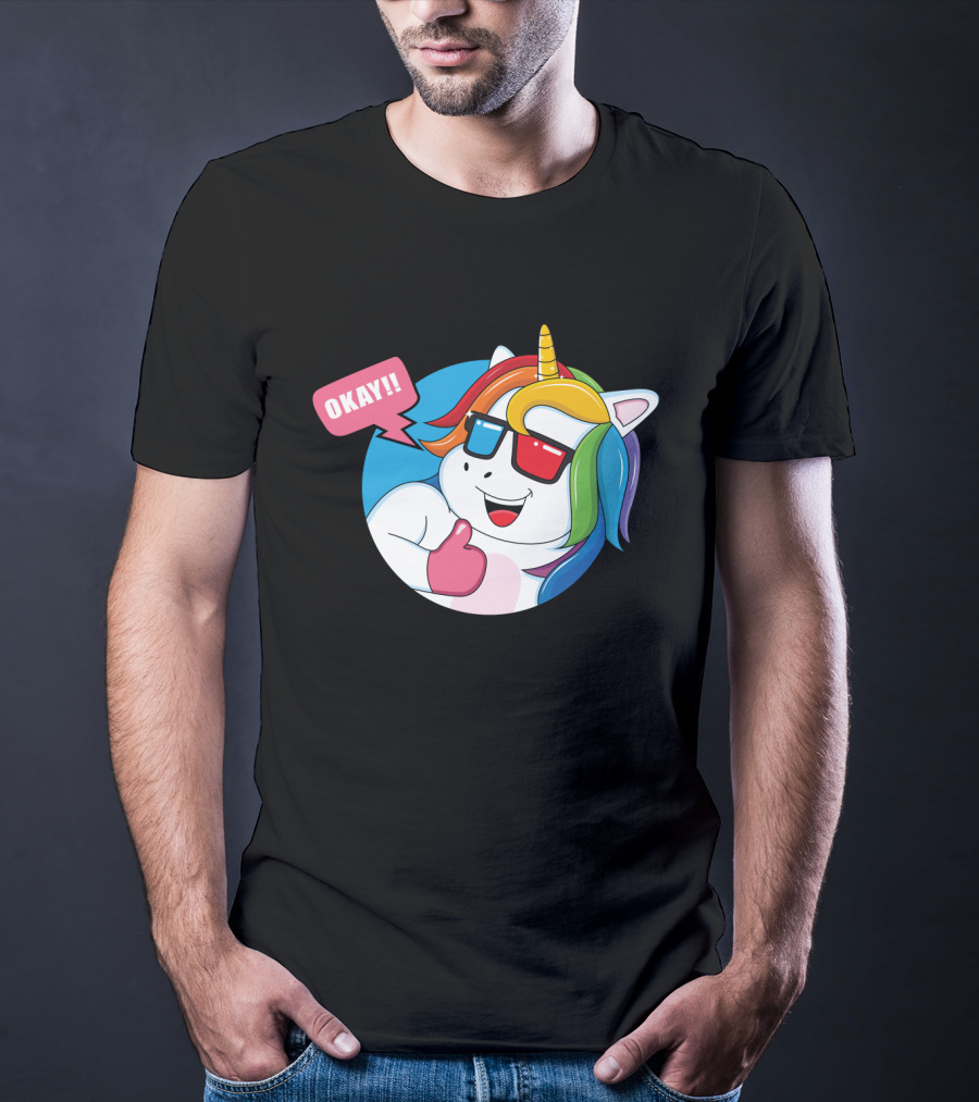 OKAY Unicorn Expression Rainbow Sunglasses Thumbs Up T-Shirt