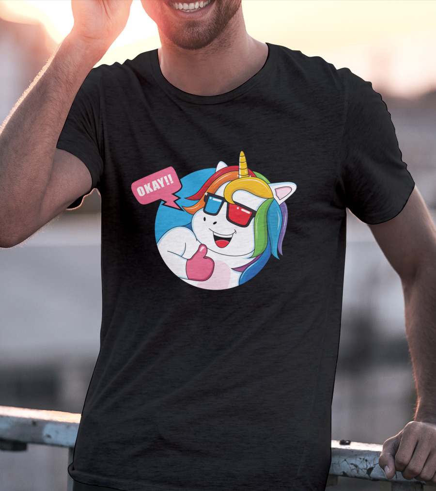 OKAY Unicorn Expression Rainbow Sunglasses Thumbs Up T-Shirt