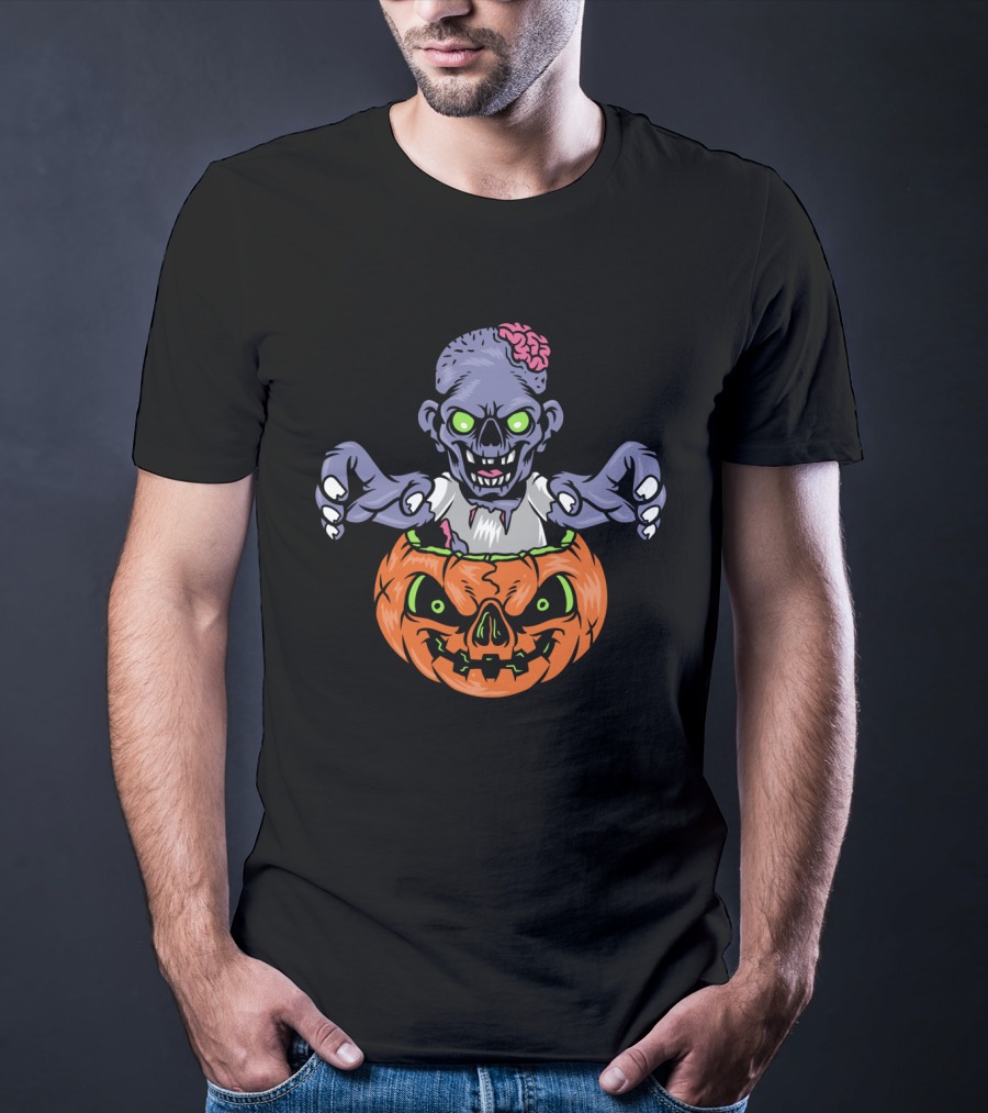 Zombie In Pumpkin With Glowing Eyes And Brain T-Shirt