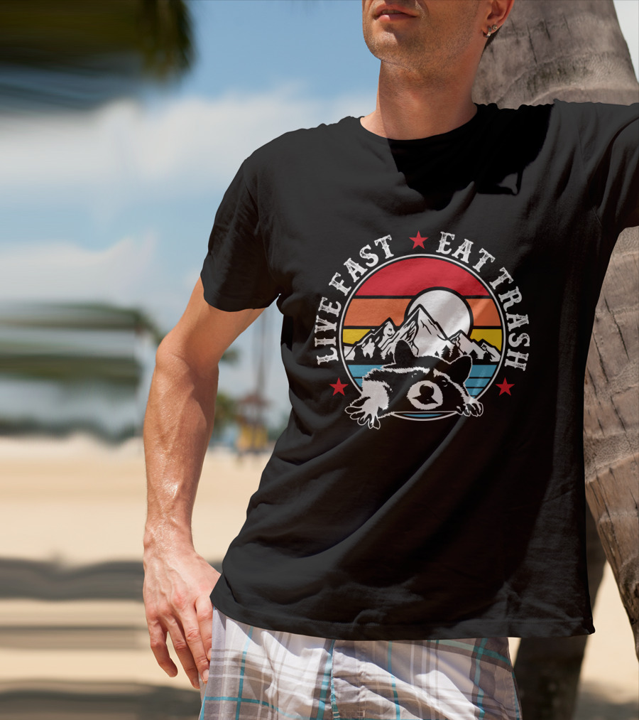Live Fast Eat Trash Funny Raccoon Mountains Camping Retro Sunset T-Shirt