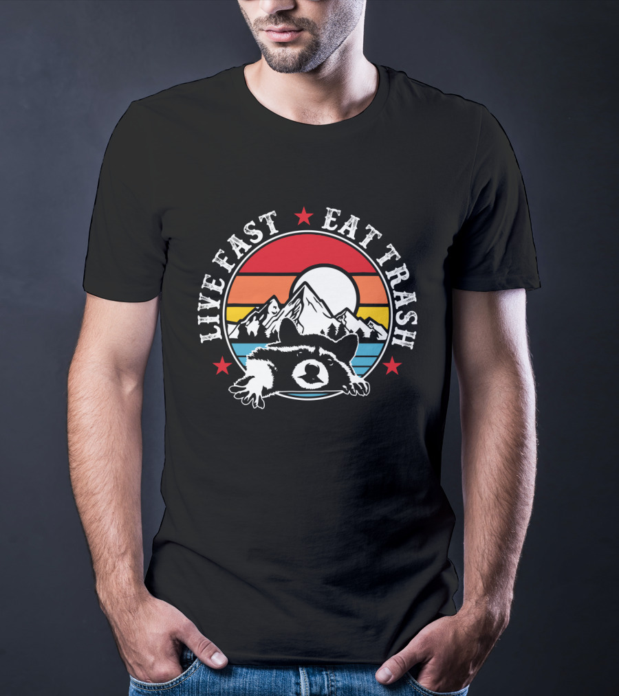 Live Fast Eat Trash Funny Raccoon Mountains Camping Retro Sunset T-Shirt
