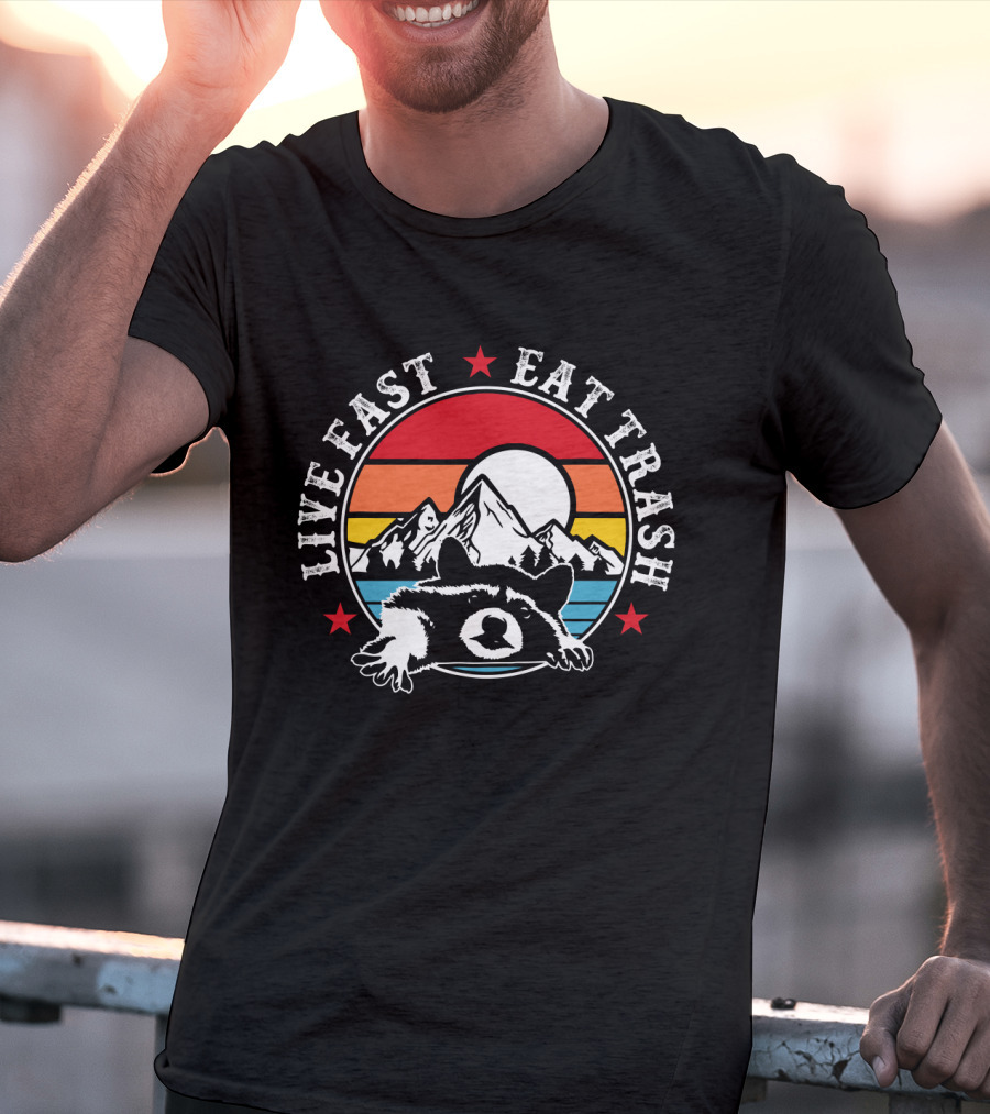 Live Fast Eat Trash Funny Raccoon Mountains Camping Retro Sunset T-Shirt