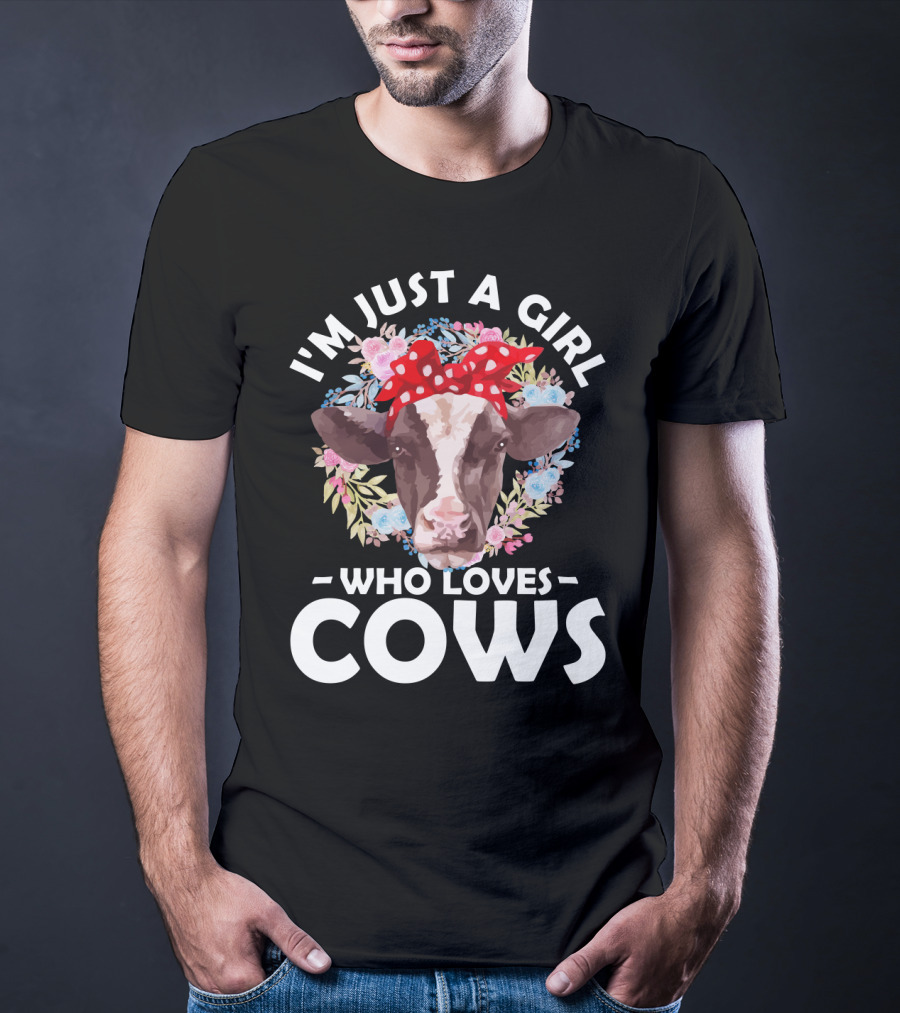 I'm Just A Girl Who Loves Cows Floral Pattern Cow Head With Red Polka Dot Bow T-Shirt