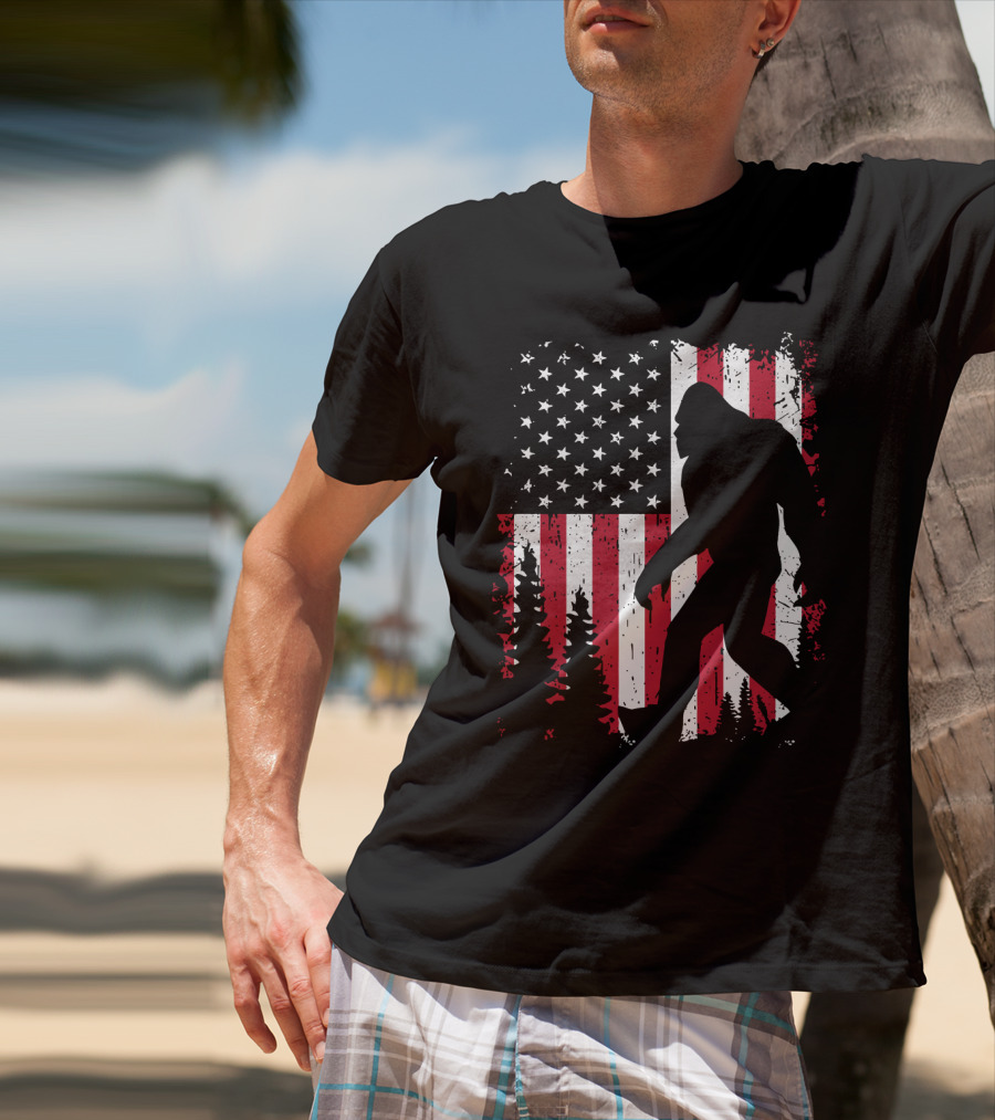 Bigfoot Walking Across American Flag With Forest T-Shirt