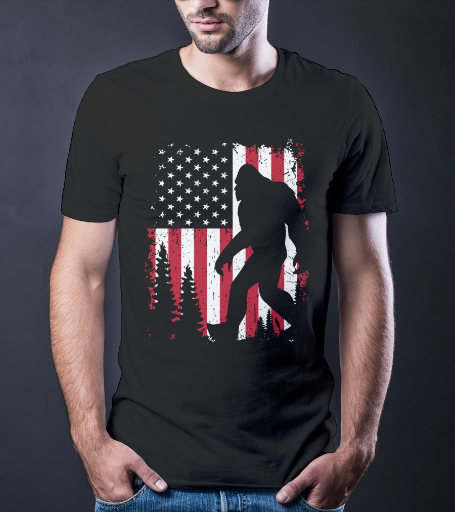 Bigfoot Walking Across American Flag With Forest T-Shirt