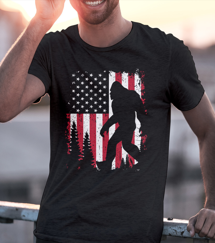 Bigfoot Walking Across American Flag With Forest T-Shirt